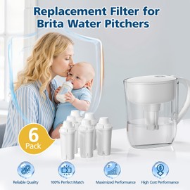 6 Pack Replacement for Brita® Water Filter Pitchers and Dispensers, BPA-Free & NSF Certified, Classic OB03, Mavea® 107007 35557, Metro, Everyday, UltraMax, 1 Year Filter Supply