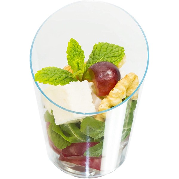Open Cut Slanted Round Dessert Cups - 3 ounce - 40 Count -Spoons Included-Clear Plastic-Slanted Cylinder Mini Dessert Cup- Appetizer Cup-Sample Shot Glass -Disposable