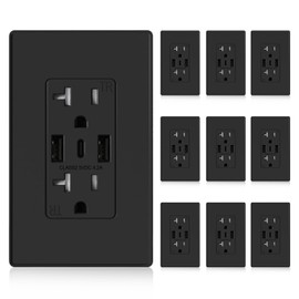 ELEGRP USB Wall Outlets - 3-Port USB-C Receptacles, Matte Black, 20 Amp, Tamper-Resistant, Screwless Wall Plate, UL & CUL Listed, 10 Pack