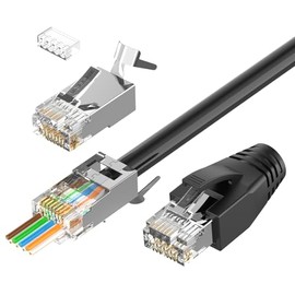 VCELINK Conector CAT6A, Conectores RJ45 de Paso a través CAT6A CAT7 Blindados, UL-Listados de 3 Puntas Dorada Plateada, Conector CAT7 con Botas de Alivio de Tensión (Conector RJ45-Transparente, Negro