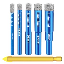 6 Stück Fliesenbohrer Diamantbohrer Glasbohrer Set, 5/6/8/10/12/14mm Feinsteinzeug Diamant Fliesen Bohrer und 6mm Karbid-Anbohrer Diamant Fliesen Bohrer für Keramik Granit Glas Porzellan Mauerwerk