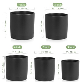 Meowell 7/6.5/6/5/4 inch Plant Pots for Small Indoor Outdoor Plants, 5 Pack Cylinder Flower Pots with Drainage Holes and Saucers, Plastic Planters for Garden Succulent House Plants, Black