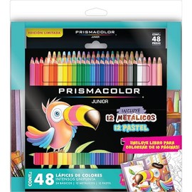 Prismacolor Junior Kit de 48 Lápices de Colores + Libro para Colorear, con 24 Clásicos, 12 Pasteles y 12 Metálicos, minas suaves y resistentes, ideal para dibujo y creatividad infantil