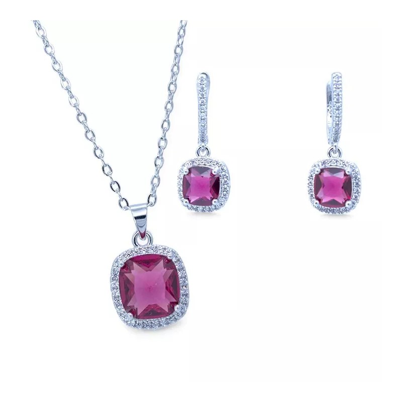 Ruby Rhodium Plated Ruby Cubic Zirconia Square Pendant Necklace Earrings