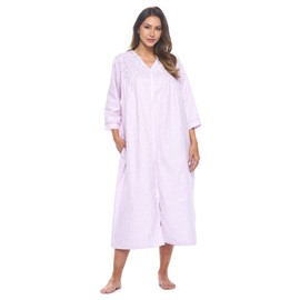 Casual Nights Women's Zip Front Seersucker House Dress 3/4 Sleeves Housecoat Long Duster Lounger - Gingham Purple - 2X Plus