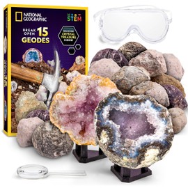NATIONAL GEOGRAPHIC Break Open 15 Premium Geodes Science Kit - Goggles, Detailed Learning Guide, 3 Display Stands, Great STEM Science Toy & Educational Gift