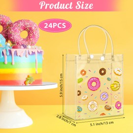 Saypacck 24 Pcs Donut Party Favor Gift Bags Plastic Clear Gift Bags with Handles Donut PVC Shopping Handbags Candy Themed Goodie Holder for Party Supplies Birthday Treat (5.1 x 5.9 x 2.7 Inches)