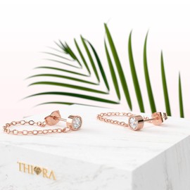 THIORA Women's Necklace Earrings with Stones | Premium Stainless Steel | Cubic Zirconia | Earring with Chain, Rose Gold, Created Cubic Zirconia