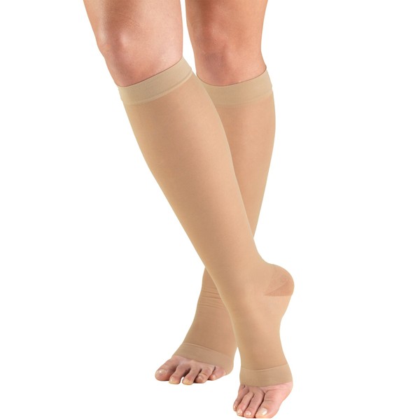 Truform Sheer Compression Stockings, 15-20 mmHg, Women's Knee High Length, Open Toe, 20 Denier, Nude, Large