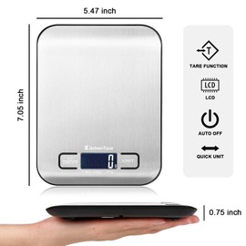 K KitchenTour Food Scale, 5kg/11lb Multifunction Digital Kitchen Scale with 1g/0.01oz Precise Graduation - Stainless Steel Platform with Backlit LCD Display Scale for Cooking,Baking and Mails - Silver