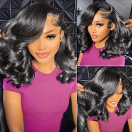 12 Inch Bob Wig Human Hair 13x6 Lace Front Wigs Human Hair Pre Plucked Body Wave Human Hair Wig 180% Density Glueless Wig for Women Natural Black Color