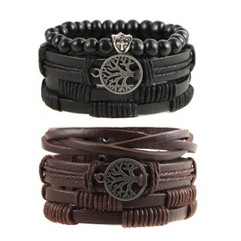 HZMAN Genuine Leather Tree of life Bracelets Men Women, Tiger Eye Natural Stone Lava Rock Beads Ethnic Tribal Elastic Bracelets Wristbands (6 Pcs)
