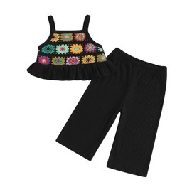 XIXIMAON Toddler Baby Girl Summer Clothes Flower Crocheted Sleeveless Ruffled Camisole Tops Solid Pants Set 2pcs Boho Style Kids Girls Linen Outfit (Black, 18-24 Months)
