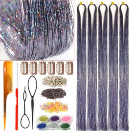 Hair Tinsel Kit with Tools,Ice Crystal,Charcoal Grey,Copper,5 PCs 48 Inch,Glitter Tinsel Hair Extensions Heat Resistant Highlights Sparkling for Kids Girls (Charcoal Grey, 48 Inch Pack of 5Pcs)