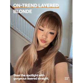 GORGIUS Highlight Straight Layered Wigs with Bangs Glueless Light Brown with Blond Highlights 22 Inch Wigs Crafted with Style-Archive Premium Fiber Natural Hairline