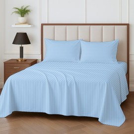Juego de sábanas de 100% algodón azul claro, California King, 4 piezas de algodón peinado de fibra larga para cama, transpirable, suave y sedoso, tejido de satén para colchón de 16 pulgadas de profundidad