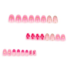 Almond Shaped Press on Nails Flower Fake Nails Glossy Acrylic Nails Spring Summer Glue on Nails Full Cover False Nails with Floral Star Design Cute Artificial Nails Reusable Stick on Nails for Women