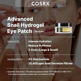 COSRX COSRX Advanced Snail Hydrogel Eye Patch (60pc), Gel Serum Mask, Puffy Undereye Treament, Fine Lines, Refresh, Hydrate| Paraben free, Korean Skin Care