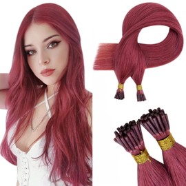 RUNATURE I Tip Hair Extensions Real Human Hair Red Burgundy Stick I Tip Hair Extensions Human Hair Pre Bonded Hair Extensions Red Hair 22 Inch 25 Gram