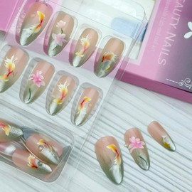 24Pcs Cat Eye French Tip Press on Nails Medium Almond Fake Nails 3D Lotus Flower Goldfish Designs Full Cover Silver Gradient Stick on Nails Summer False Nails for Women Girls Acrylic Nail Salon DIY