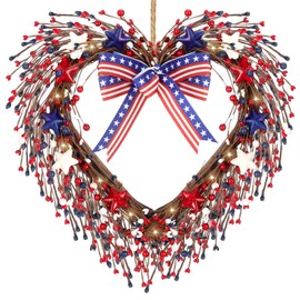 Yuefunny Patriotic Heart Wreaths for Front Door Red White Blue Pip Berry Star 4th of July Wreath 12 Inch with String Light Independence Memorial Day Veterans Day for Indoor Outdoor Window Decorations