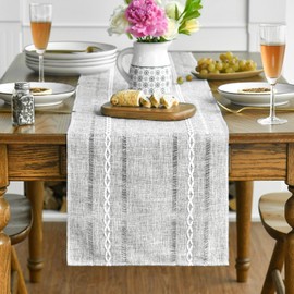 Artoid Mode Grey Rustic Linen Table Runner, Seasonal Embroidered Hollow Kitchen Dining Table Decoration for Home Party Decor 13x72 Inch