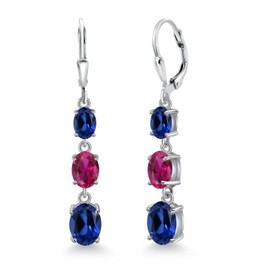 Gem Stone King 925 Sterling Silver Created Sapphire 3 Stone Dangle Earrings For Women (6.10