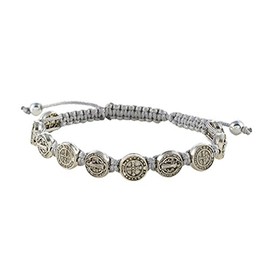 CB Saint St Benedict Medal on Adjustable Cord Bracelet, 8 Inch, 8 inch, Zinc