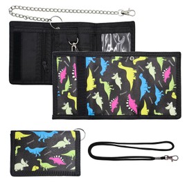 CONNECTION Children's Wallet Boys Purse Children's Purse Children's Purse Children's Neck Pouch with Lanyard Metal Chain Foldable Wallet, Dinosaurs, M, Modern