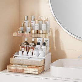 DOADW Bathroom Counter Organizer with 2-Drawer, 3 Tier Makeup Organizer Countertop, Multi-Purpose Makeup Skin Care Organizer for Vanity, Amber