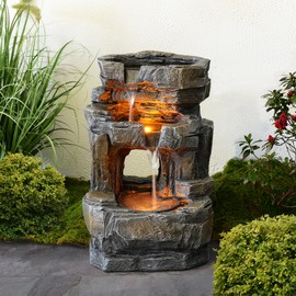 Kalona Outdoor Waterfall Fountain with LED Lights - 3-Tier Resin Rock Water Feature for Garden Patio Backyard, 21.5" Tall Fountain Decor 24392