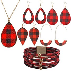 6 Pieces Christmas Plaid Print Jewelry Set Christmas Plaid Multi-Layer Bracelet Buffalo Plaid Faux Leather Dangle Earrings Waterdrop Pendant Necklace for Women Christmas Jewelry Accessories-red