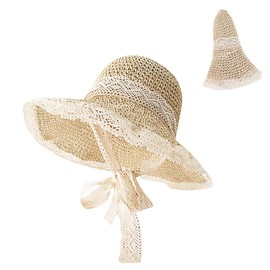 Elegant Summer Straw Hat Women Wide Brim Sun Hats Lace Woven Straw Hat Packable Breathable Floppy Princess UV Protection Hat Windproof Rope Roll Up Casual Fashion Travel Beach Cap Outdoor Pool Hat