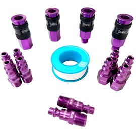 SANFU Air Hose Fittings, Aluminum AMT Universal Air Coupler and I/M Industrial Type Air Plug Kit, 1/4 Inch Threads Size, 1/4 Inch Body Size, 15 Pieces Air Compressor Accessories Fittings Kit(Purple)