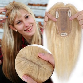 MY-LADY Human Hair Toppers for Women Real Remy Hair 150% Density 7 * 13CM Silk Base with Bangs Clip in Hair Pieces Straight Hairpiece for Thinning Hair 12 Inch #613 Bleach Blonde