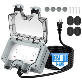 Outdoor Outlet Box with 32.8Ft Extension Cord,NEMA 5-15R,IP66 Waterproof Outdoor Outlet Box w/Lockable Cover & LED Indicator (Double Plug Socket) -Perfect for Gardens, Yards & Sports Fields