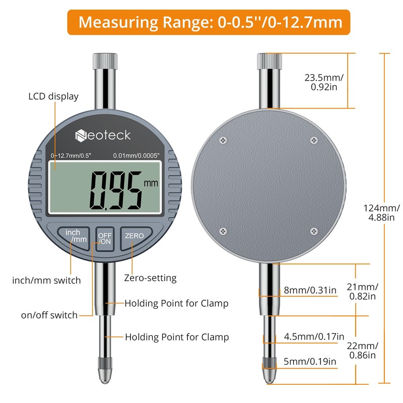 Neoteck DTI Digital Dial Indicator 0.01mm/0.0005 inch Digital Probe Indicator
