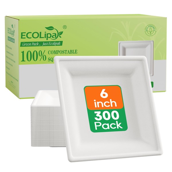 ECOLipak 6 Inch Compostable Square Paper Plates, 300 Count Heavy