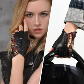 FIORETTO Womens Punk Fingerless Leather Gloves for Driving Motorcycle Unlined Half Finger Sheepskin Black-red Large