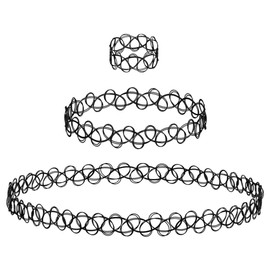 BodyJ4You 3PC Tattoo Choker Necklace Set Bracelet Ring - 90s Necklace 2000s Y2K Fashion Vintage - Stretchy Elastic Neck Lace Women's - Gothic Black Multicolor Rainbow - Classic Fashion Trend