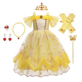 HIHCBF Girls Beauty and The Beast Costume Belle Princess Birthday Party Dress w/Accessories Yellow 007 9-10T