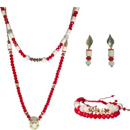 Set 3 in 1, long double red and white necklace made in murano stone with stars and transparent pendant, 8k gold murano earrings,elegant, handmade, can be used for different situations.