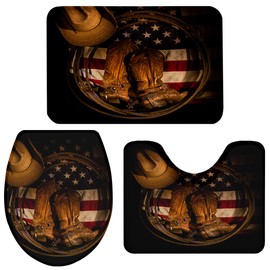 T&H Home Bath Rug Sets 3 Piece for Bathroom - USA Western Mat, Cowboy Hat with Boots Rope on American Flag Ultra Soft Non Slip and Absorbent Shower Mat, U-Shaped Contour Mat & Toilet Lid Cover
