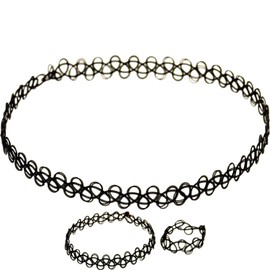 Trimming Shop Women's Choker Necklace Black Tattoo Choker Stretchable Retro Punk Gothic Elastic Lace Necklace Bracelet Ring Set Fashion Jewelry Accessory for Women and Girls