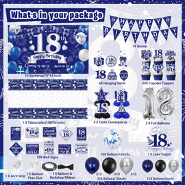 FrozzlyFun 18th Birthday Decorations for Boys, 113Pcs Blue Silver 18 Years Old Boy Bday Party Decor Supplies for 15th Men - Backdrop, Banner, Tablecloth, Centerpieces, Hanging Swirls, Wall Signs