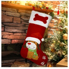 Christmas Stockings 21Inch Large Embroidered Xmas Stocking with Dog Soft White Plush Cuff 3D Pet Xmas Stockings with Dog for Christmas Decoration Gift Candy Bags for Home Fireplace Xmas Tree Decor