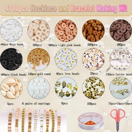 Clay Beads Bracelet Making Kit, 4700 pcs Brown Black Series Jewellery Making Kit, with Charms Shell Gold Letter Beads Scissors and Elasticity String, Make Necklaces, Earrings, Gifts