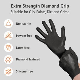 Nitrile Industrial Gloves - Diamond Texture for Improved Grip, Non-Sterile and Hypoallergenic, Ambidextrous, Multi-Sector, Disposable, Bulk Buy, 6.5g Thickness (Large) (Black) - Industrade