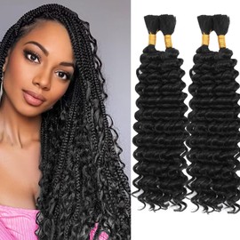 Human Braiding Hair Mix Synthetic Curly Boho Hair for Braiding, 16 Inch Boho Braids 4 Bundles 110g/Bundle Wet and Wavy Deep Wave Bulk Extensions for Black Women (1B, 16 Inch 4 Bundles)