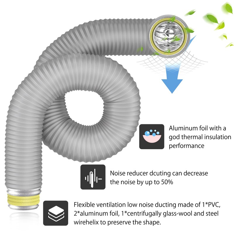 Hon&Guan 4'' Insulated Flexible Duct 4 FT Long, Gray Noise